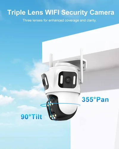 Vista 3 de Cámara de seguridad para exteriores de triple lente WiFi de 9 MP, tres cámaras en una, panorámica/inclinación de 360°, seguimiento automático