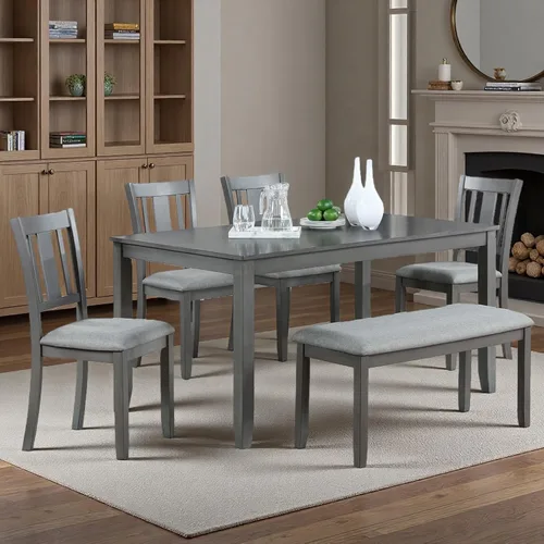 Vista 9 de Juego de mesa de comedor de 6 piezas con banco y 4 sillas Negro Beige-1
