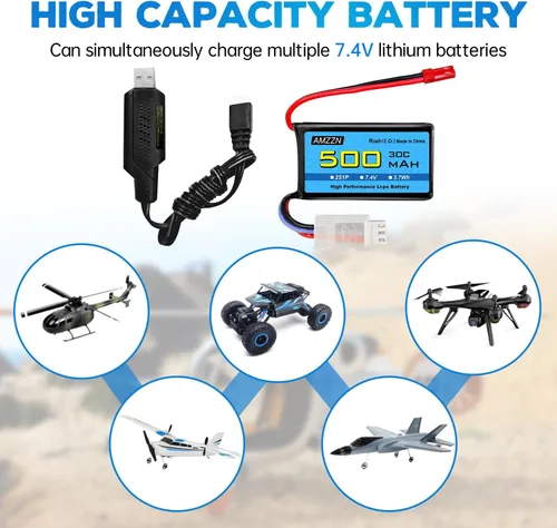 Vista 2 de 7.4V 500mAh 30C JST-2P Plug Lipo batería con USB para helicópteros controlados a distancia, cuadricópteros, autos de carreras micro FPV, drones