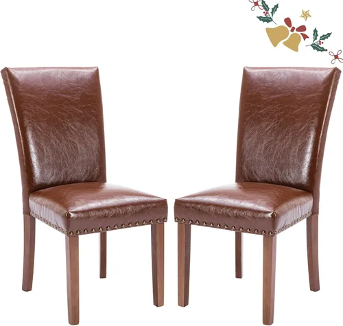 Vista 9 de Juego de 2 sillas tapizadas de tela para comedor, sillas de cocina estilo Parsons con ribete de cabeza de clavo y patas de madera - Beige