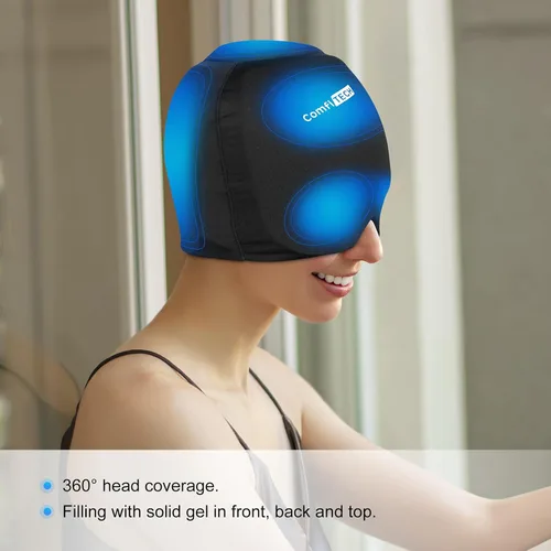 Vista 2 de ComfiTECH Head Ice Pack Wrap con cobertura superior, gorro de gel refrigerante, mediano, color negro