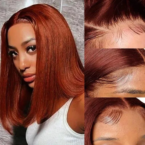 Vista 41 de Pelucas de cabello humano lacio marrón rojizo de 8 pulgadas, #33 13x4 HD, transparente, color marrón rojizo, peluca frontal de encaje frontal