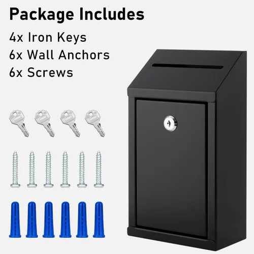 Vista 4 de EIENHOSHI Caja de donación de metal con cerradura, montaje en pared, caja de sugerencias con 4 llaves de hierro, color negro, caja de dinero