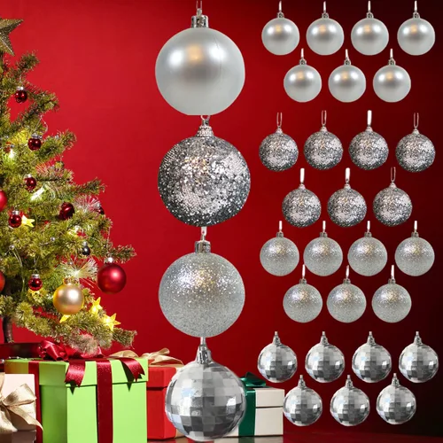 Vista 2 de Adornos de bola de Navidad – 32 adornos plateados – Decoración navideña inastillable – Bolas colgantes – Cuatro acabados – Brillante, Brillante