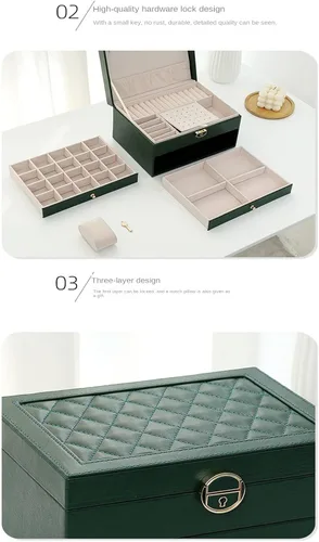 Vista 5 de Organizador de joyas con cuero sintético caja de joyería para mujer caja de joyería grande con cerradura y llave almacenamiento de collares anillos
