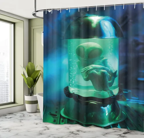 Vista 4 de Ambesonne Cortina de ducha del espacio exterior, imagen artística de un OVNI marciano en un acuario, imagen de arte de tubo, juego de decoración