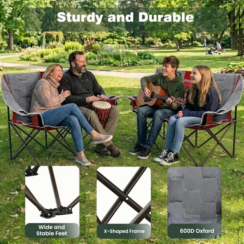 Vista 7 de SUNNYFEEL Silla de Camping Doblada Doble, Silla Loveseat Sobredimensionada, Silla de Césped Portátil/Plegable Resistente con Almacenamiento