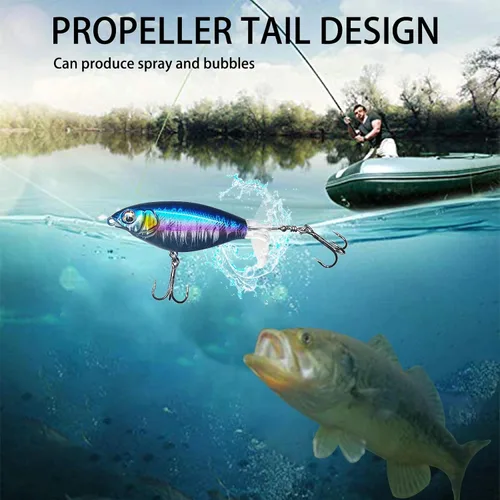 Vista 5 de Topwater - Señuelos de pesca para lubina, señuelos Whopper Popper con ojos 3D realistas y colas giratorias para agua dulce y salada, juego de 5