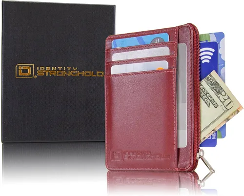 Vista 5 de ID STRONGHOLD - Cartera con bolsillo frontal RFID, mini, minimalista, delgada, de piel auténtica con cremallera, Rojo