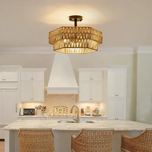 Vista 9 de XSDeTu Lámpara de techo semiempotrada de granja, 3 luces, estilo bohemio, lámpara de techo de cuerda de cáñamo tejida rústica, lámpara de techo