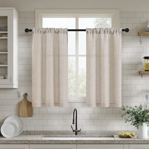 Vista 60 de Cortinas de cocina de lino semitransparente beige de 24 pulgadas de largo, 2 paneles Cream, Cafe Short Curtains, for Bathroom Small Windows, Light