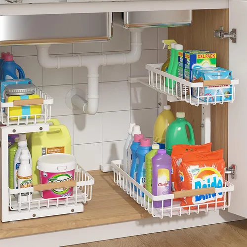 Vista 8 de ADRIMER Organizador para debajo del fregadero, 2 paquetes, organizador extraíble para fregadero de cocina, 2 niveles, organizador de cocina