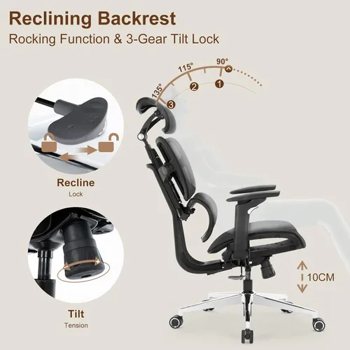 Vista 4 de Silla de oficina ergonómica de escritorio, silla de computadora de malla grande y alta con soporte lumbar ajustable, función de inclinación