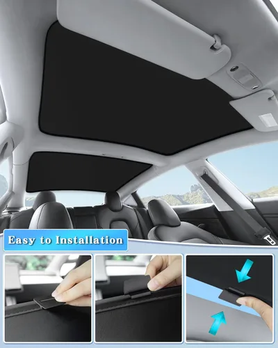 Vista 3 de Parasol negro para techo solar impermeable – Compatible con Tesla Model 3/Highland 2020-2026 – Bloqueo UV y reducción de calor – con hebilla negra