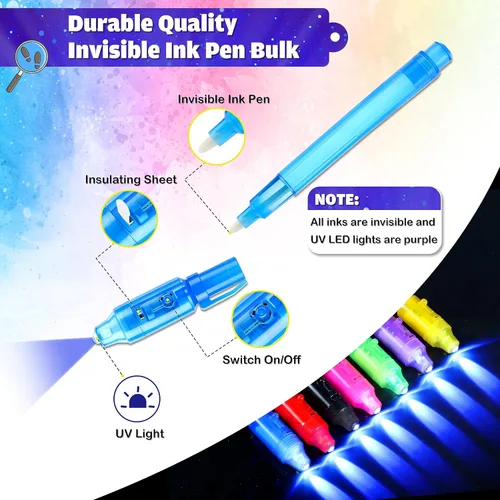 Vista 3 de Joycover Bolígrafo de tinta invisible con luz UV para niños, 28 unidades de bolígrafos espías para niños de 4 a 8 a 12 años, suministros de fiesta