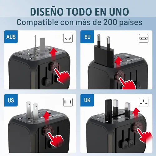 Vista 2 de GLAMFIELDS Adaptador de viaje universal, adaptador de corriente internacional, adaptador de corriente de enchufe de CA todo en uno, con 3 puertos
