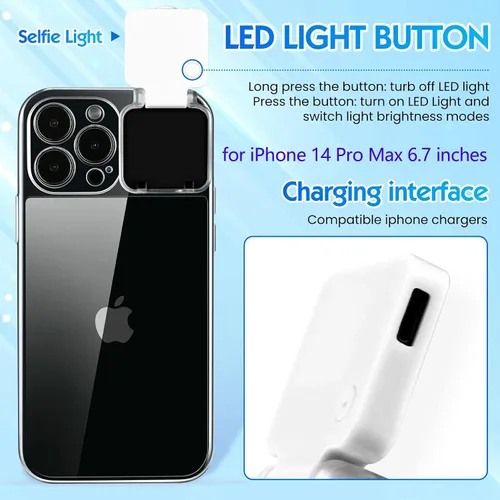 Vista 6 de Funda con luz LED para selfie para iPhone 14 Pro Max, funda iluminada, recargable, compatible con maquillaje en vivo, TikTok, video, selfie