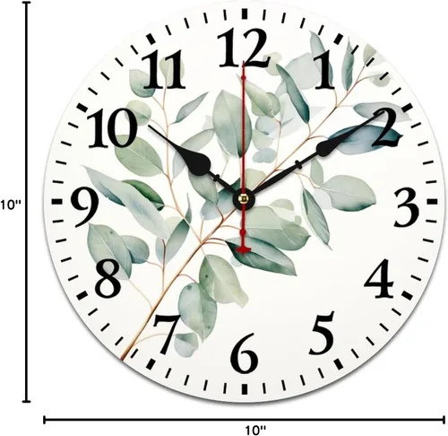 Vista 9 de Reloj de pared de madera de 10 pulgadas, acuarela, rústico, eucalipto, reloj de pared de madera rústica, cuarzo, sin tictac, número arábigo, hoja