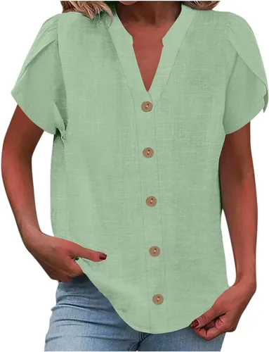 Vista 28 de Camisetas de verano para mujer, de manga corta, pétalos, de lino, con bolsillo, casual, con botones, blusas básicas