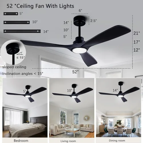 Vista 2 de 52” Silent Solid Wood Ceiling Fan Light, with 6-speed remote control, black