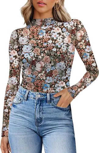 Vista 32 de Camisas de manga larga de malla sexy para mujer, ropa de moda, cuello de tortuga, drapeada, para salir, trajes de otoño, blusas ajustadas Negro