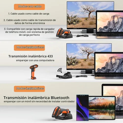 Vista 3 de Symcode Escáner de código de barras Bluetooth 2D QR con soporte de carga, industrial a prueba de polvo e impermeable 3 en 1 compatible con Bluetooth