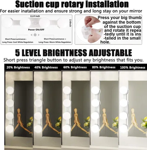 Vista 5 de Luz de Maquillaje Portátil, Luces LED Inalámbricas para Espejo de Tocador con Brillo y Temperatura de Color Ajustables para Mesa de Tocador, Baño