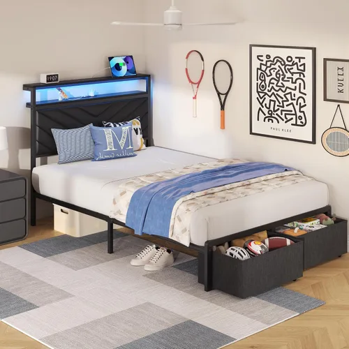 Vista 7 de HISOFT Twin Bed Frame with Charging Station, LED Lights & 2 Storage Drawers, Black Platform Bed with Upholstered Headboard, Under-Bed Storage, No