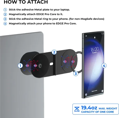 Vista 5 de Rolling Square Edge Pro Core - Soporte magnético para teléfono con base para computadoras y tabletas Placa de metal adhesiva segura o modo