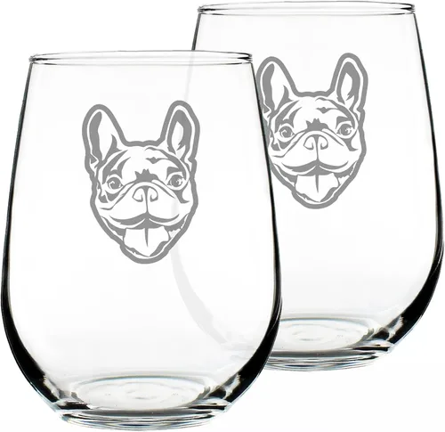 Vista 6 de Happy Frenchie - Copa de vino sin tallo, bonitos regalos temáticos de bulldog francés o decoración de fiesta para mujeres y hombres, vasos grandes