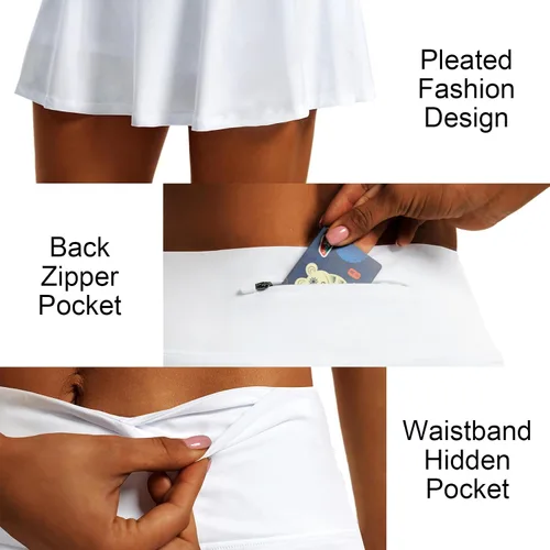 Vista 4 de Falda de tenis plisada de cintura alta para mujer, ligera, atlética, con pantalones cortos de golf con 4 bolsillos