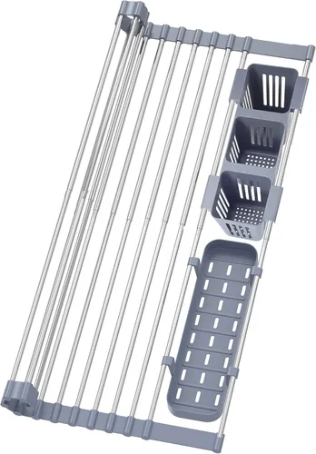 Vista 8 de Escurridor de platos enrollable negro expandible de hasta 22.8 pulgadas con 2 cestas de almacenamiento, escurridor de platos enrollable para cocina