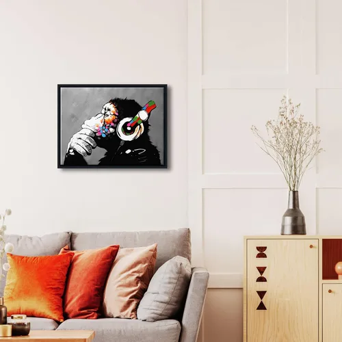 Vista 4 de Wieco Art Marco Negro Mono con Auriculares Banksy Arte de Graffiti Abstracto Pinturas en Lienzo Impresiones Arte de Pared en Lienzo de Animales