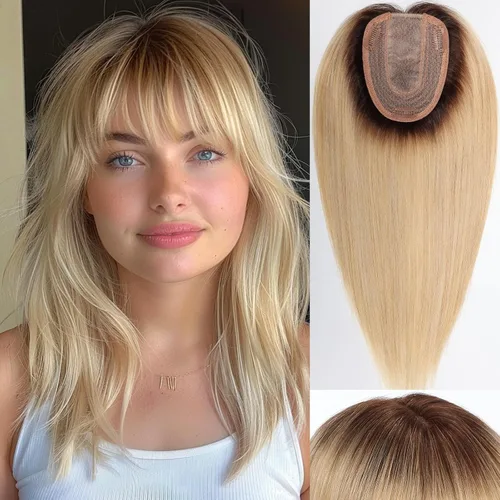 Vista 8 de HAIRCUBE Pelucas de cabello humano 100% con flequillo, densidad 150%, base de seda, clip en la parte superior, pelucas de cabello superior