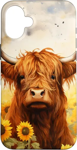 Vista 23 de Highland Cow Animal Lover Watercolor Sunflower Case for iPhone 17