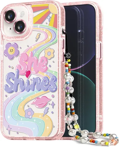 Vista 79 de Compatible para iPhone 13 Funda Bonita Estética - Funda para Teléfono Rosa con Purpurina con Protector de Cámara - Diseño de Cubierta