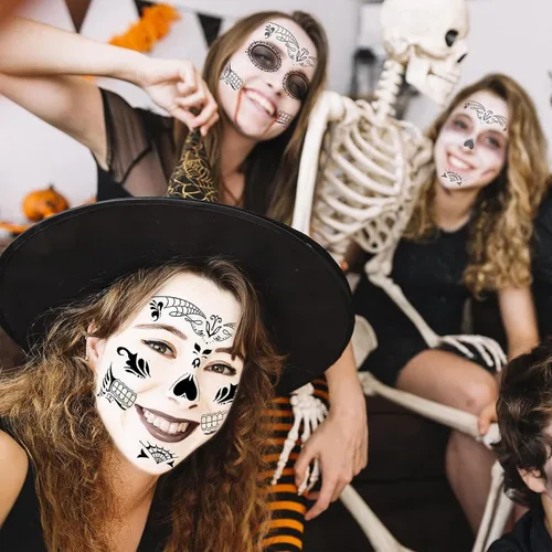 Vista 5 de Tatuajes faciales del Día de los Muertos, paquete de 10 tatuajes faciales temporales de Halloween, tatuaje facial de calavera de azúcar para adultos