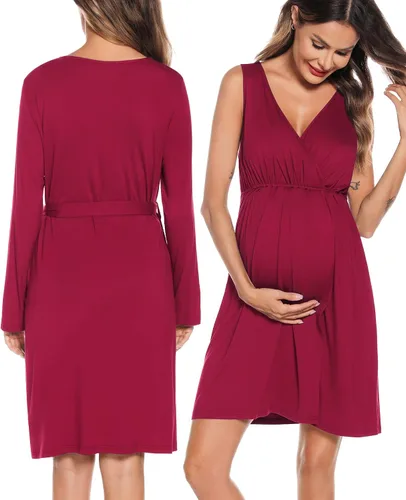 Vista 3 de SWOMOG Conjunto de bata y bata de maternidad para mujer, 3 en 1, camisón de lactancia para lactancia materna y hospital, bata de baño