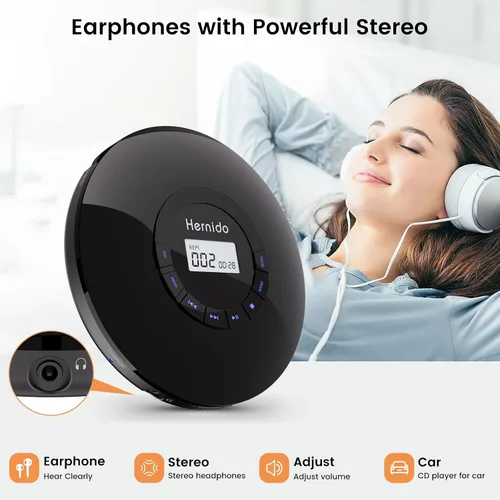 Vista 6 de Reproductor de CD portátil con auriculares, reproductor de CD recargable Hernido para automóvil, Walkman de CD compacto con 5 sonidos