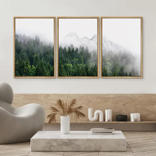 Vista 553 de SIGNWIN Lienzo enmarcado para pared, juego de arte pastel con cadena montañosa, bosque, niebla, naturaleza silvestre, ilustraciones modernas, arte