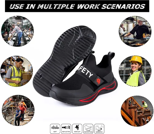 Vista 5 de Zapatos de punta de acero para hombres y mujeres, cómodos zapatos de seguridad transpirables e indestructibles, zapatos de trabajo ligeros