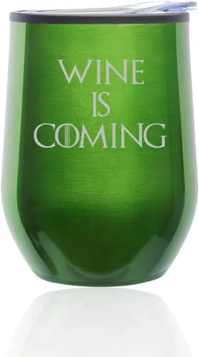 Vista 7 de Vaso de vino sin tallo para café, taza de viaje con tapa Wine Is Coming Funny (azul)