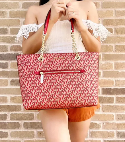 Vista 2 de Michael Kors Jet Set Travel - Bolsa de cadena de bolsillo frontal medio Chili Rojo Oro MK, Rojo, M