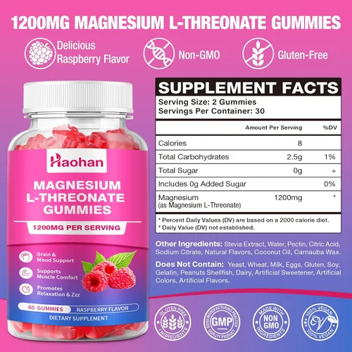 Vista 2 de Gomitas de magnesio L-treonato de 1200 mg para apoyar la concentración y los músculos, sabor a frambuesa sin azúcar, 120 unidades para adultos