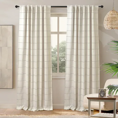 Vista 23 de DriftAway 2 paneles cortinas de lino a cuadros 100% opacas de doble capa cortinas para dormitorio de 96 pulgadas de largo estilo granja con Gris