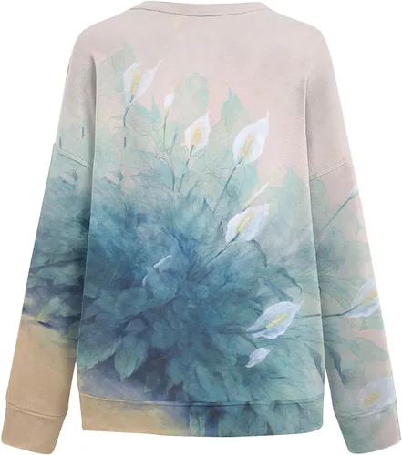 Vista 2 de Camisas de manga larga de otoño para mujer, blusa de cuello redondo, camisa de moda estampada, suéter casual, sudaderas sueltas