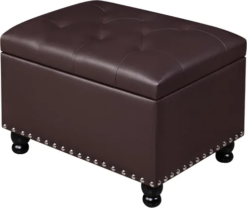 Vista 10 de Adeco Otomana Almacenadora Colorida con Almacenamiento, Otomana de 53 cm de Lino con Reposapiés y Tapa con Bisagra con Patrón de Hojas Azules