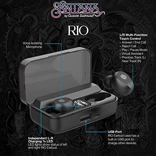 Vista 2 de SANTANA BY CARLOS SANTANA Auriculares inalámbricos Rio Bluetooth, reproducción de larga duración de 64 horas, espera de 100 horas, IPX5 impermeable