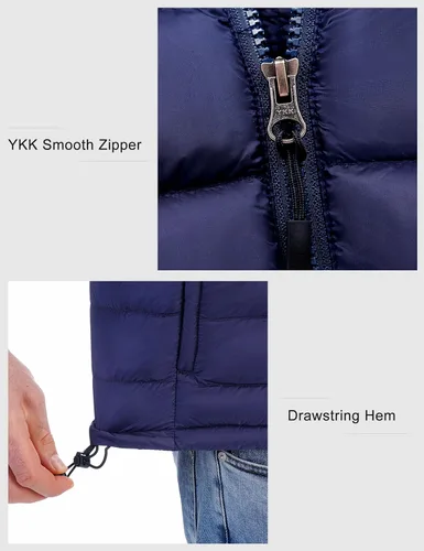 Vista 14 de Bakery Chaleco de plumón ligero plegable para hombre, chaleco acolchado con cuello alto, chaleco con cremallera, chaqueta sin mangas