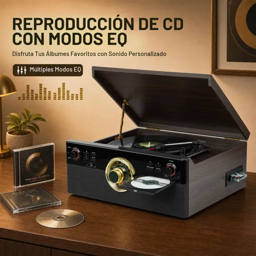 Vista 3 de Reproductor de discos todo en uno con reproductor de CD y cassette, grabación MP3 directa a USB, Bluetooth, radio FM, tocadiscos de 3 velocidades